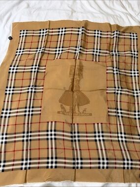 Burberry Camel Nova Check Silk Scarf with Black, White and Red Accents
